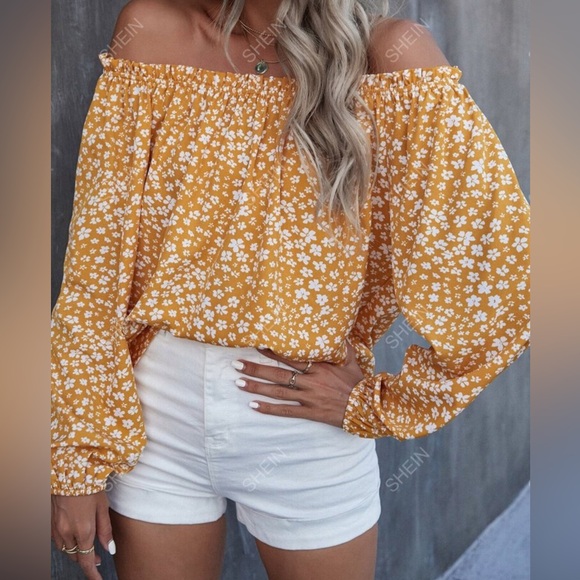 ☀️BNWOT Floral Print Frill Trim Off Shoulder Lantern Sleeve Blouse! - Picture 2 of 5